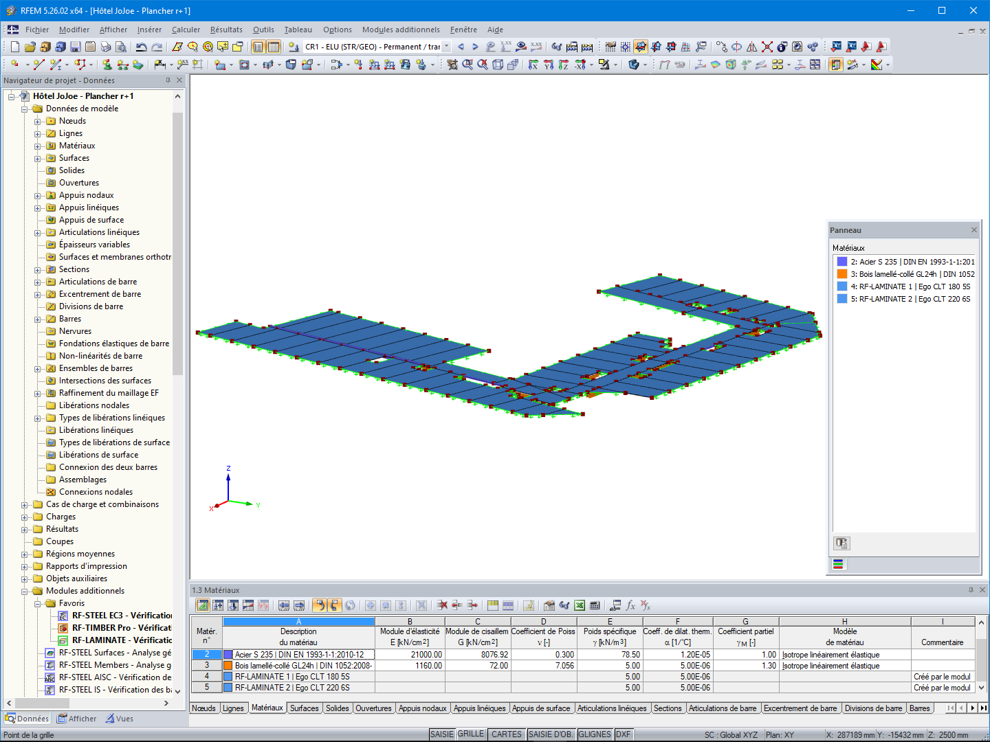 Modèle de structure d'un étage de plancher en bois de l'hôtel dans RFEM