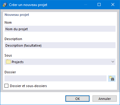 Boîte de dialogue « Créer un nouveau projet »