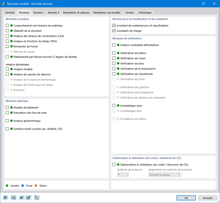 Boite de dialogue « Nouveau modèle - Données de base », onglet « Modules complémentaires »