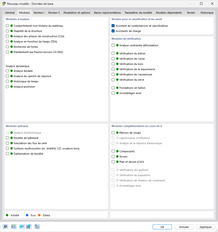 Boite de dialogue « Nouveau modèle - Données de base », onglet « Modules complémentaires »