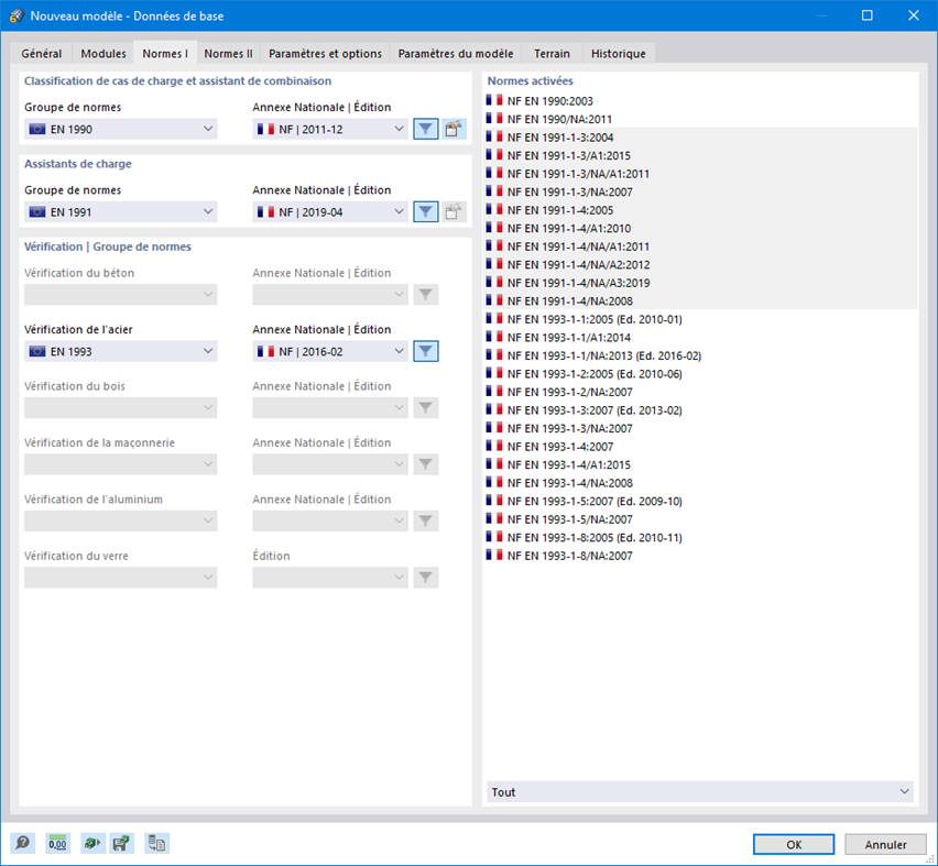 Boite de dialogue « Nouveau modèle - Données de base », onglet « Normes I »