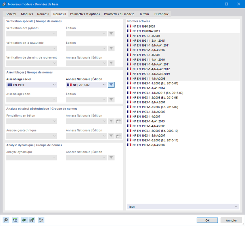 Boîte de dialogue « Nouveau modèle - Données de base », onglet « Normes II »
