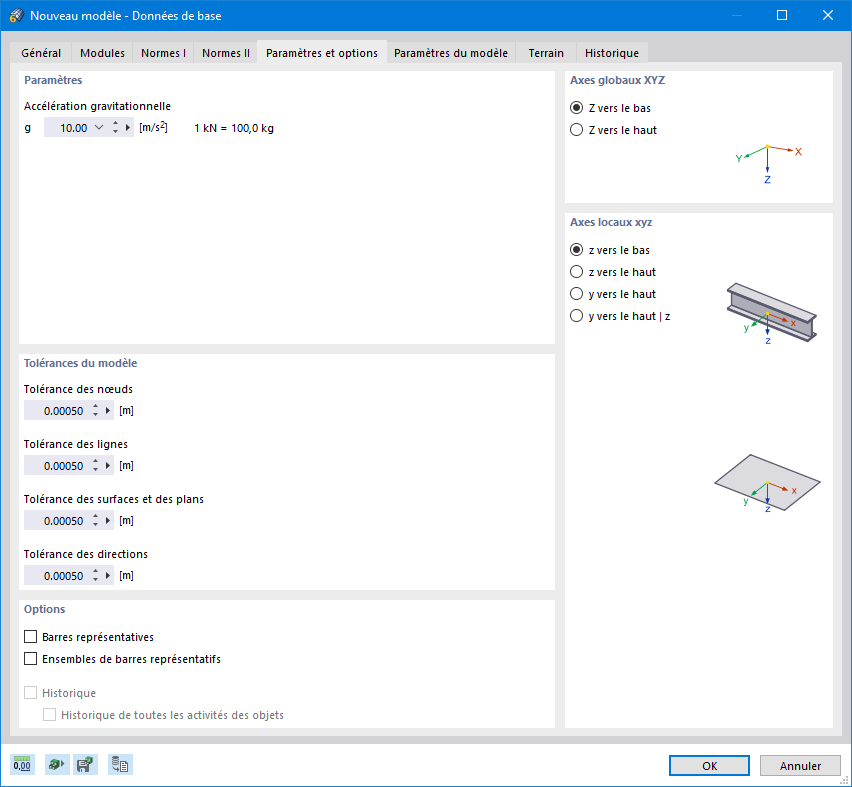 Boîte de dialogue « Nouveau modèle - Données de base », onglet « Paramètres et options »