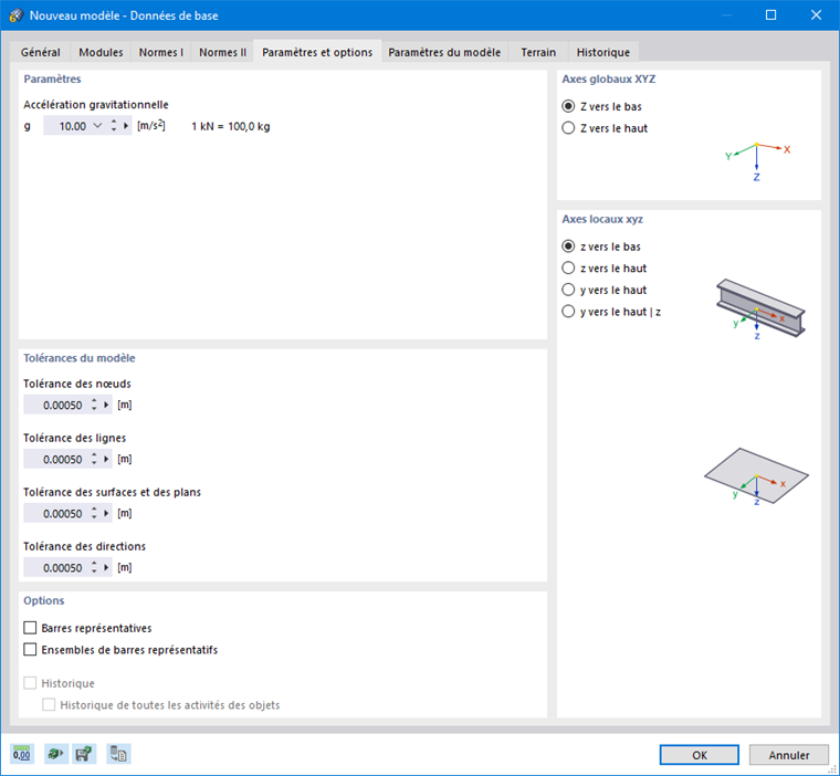 Boîte de dialogue « Nouveau modèle - Données de base », onglet « Paramètres et options »