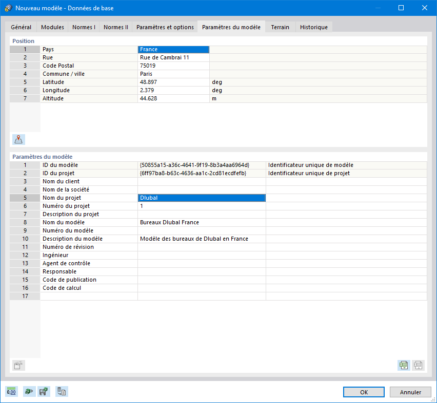Boîte de dialogue « Nouveau modèle - Données de base », onglet « Paramètres du modèle »
