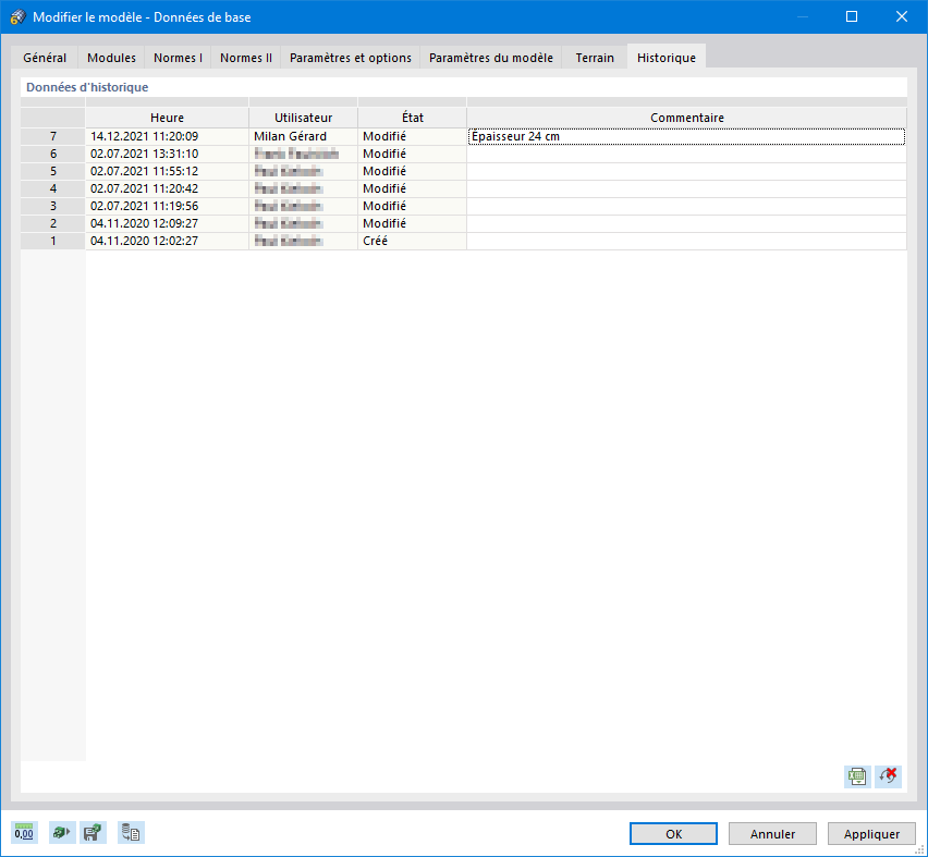 Boîte de dialogue « Modifier le modèle - Données de base », onglet « Historique »