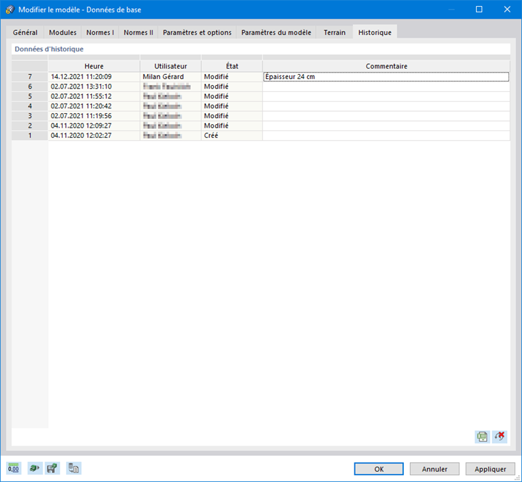 Boîte de dialogue « Modifier le modèle - Données de base », onglet « Historique »