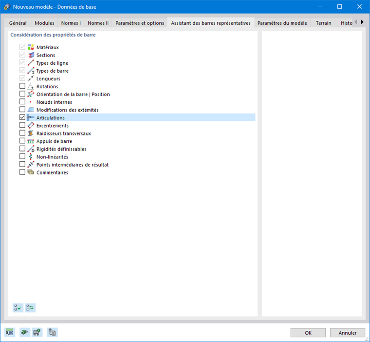 Boîte de dialogue « Nouveau modèle - Données de base », onglet « Assistant des barres représentatives »