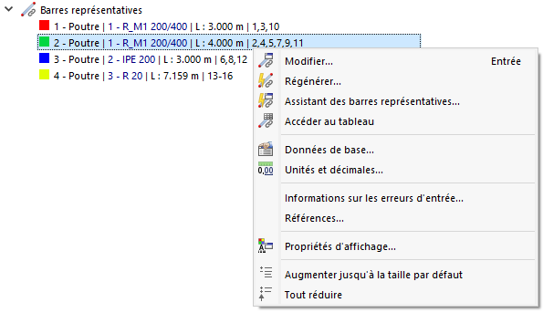 « Barres représentatives » - Menu contextuel