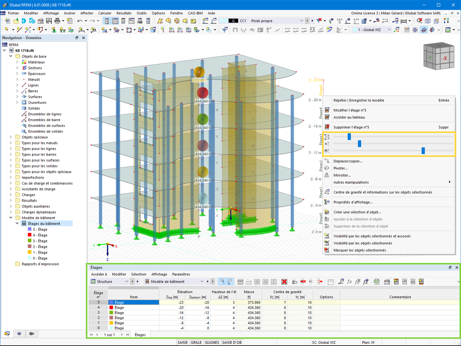 Informations graphiques et tabulaires sur les étages du bâtiment
