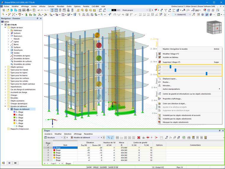 Informations graphiques et tabulaires sur les étages du bâtiment