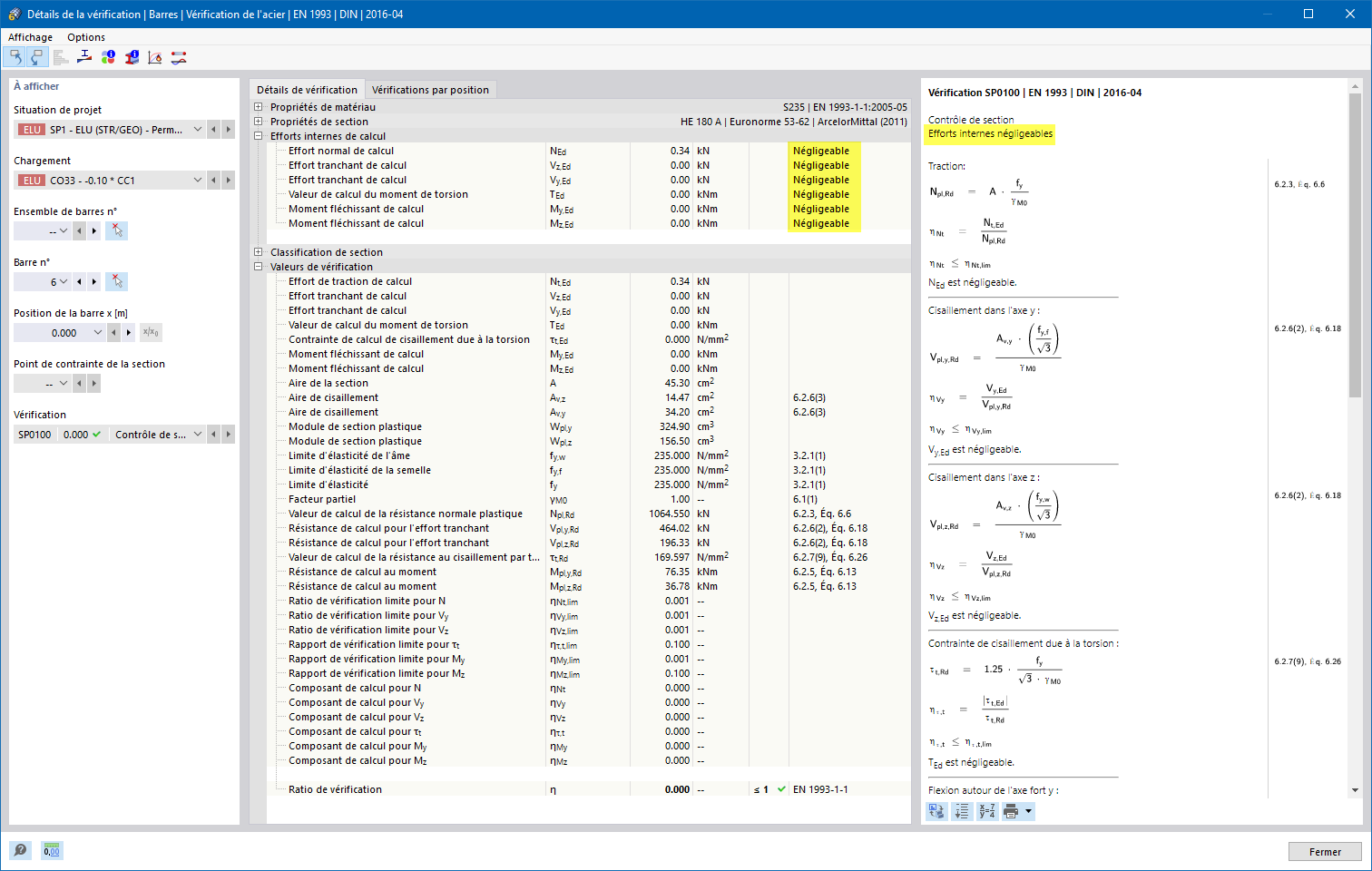 Vérification de l’acier - Détails de vérification pour les efforts internes négligeables