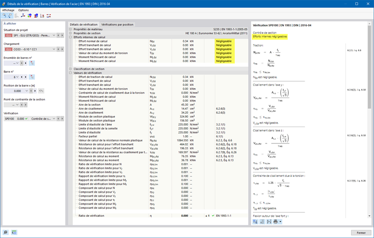 Vérification de l’acier - Détails de vérification pour les efforts internes négligeables