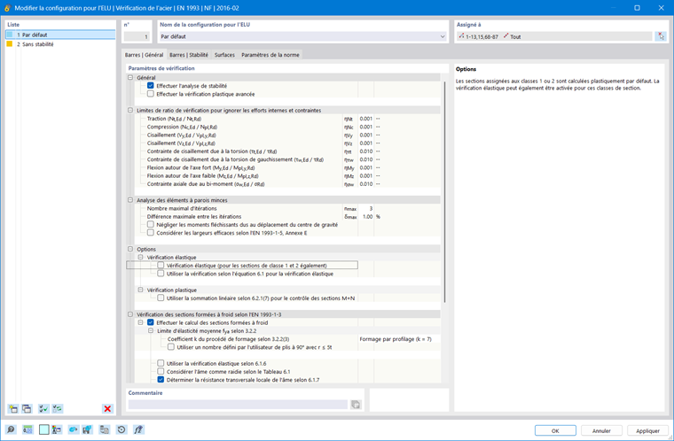 Boîte de dialogue « Modifier la configuration pour l’ELU » pour la vérification de l’acier selon l’EN 1993