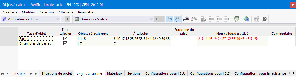 Tableau « Objets à calculer » pour la vérification de l’acier