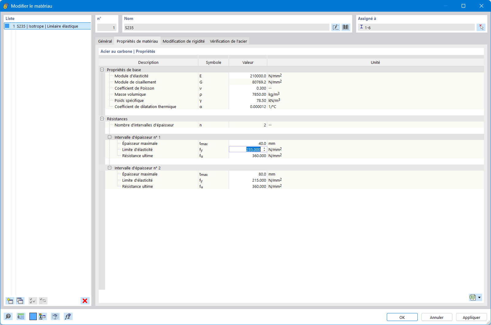 Modifier les propriétés des matériaux pour la vérification de l’acier