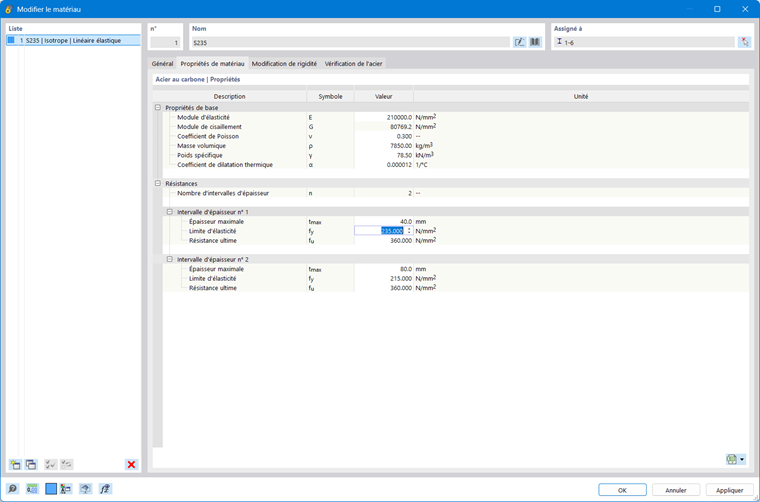 Modifier les propriétés des matériaux pour la vérification de l’acier