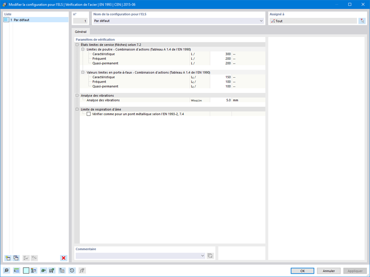 Boite de dialogue « Modifier la configuration à l’ELS » pour la vérification de l’acier selon l’EN 1993