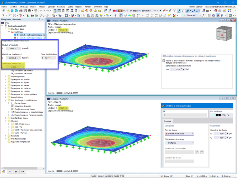 FAQ 005126 | Pourquoi les résultats de l'analyse modale diffèrent-ils entre la précontrainte initiale et une charge surfacique ?