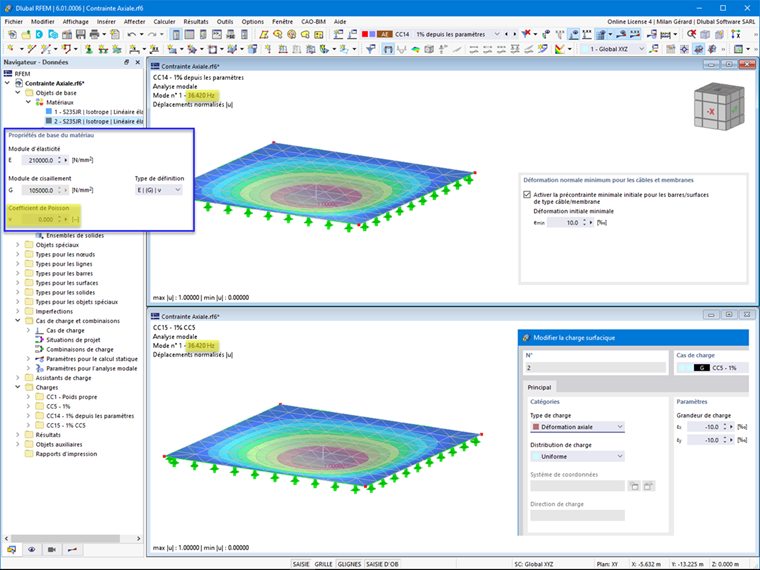 FAQ 005126 | Pourquoi les résultats de l’analyse modale diffèrent-ils entre la précontrainte initiale et une charge surfacique ?