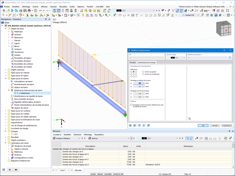 Charge de barre sur la semelle supérieure de la poutre