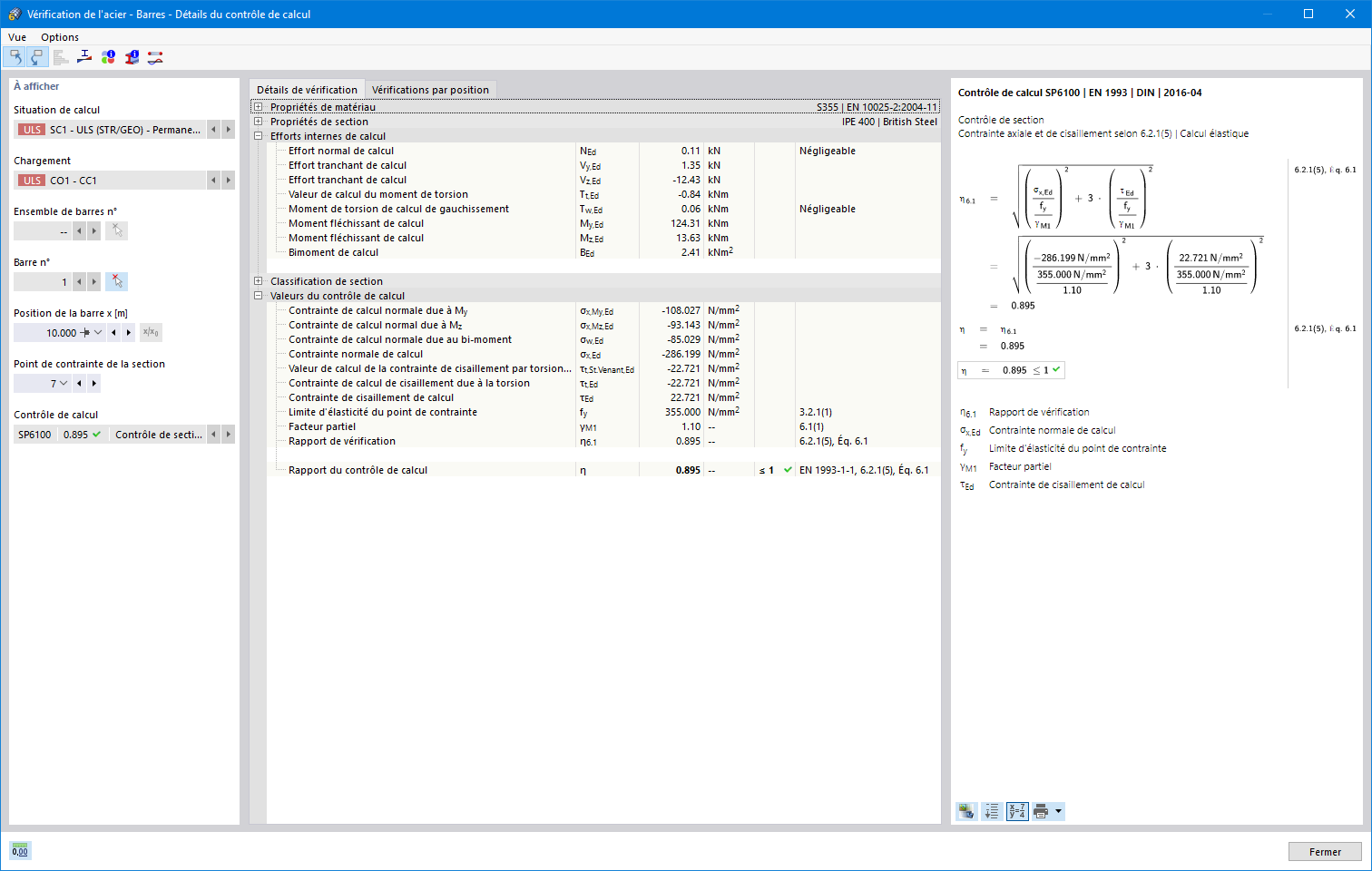 Analyse des contraintes équivalentes avec les efforts internes dus à la torsion de gauchissement