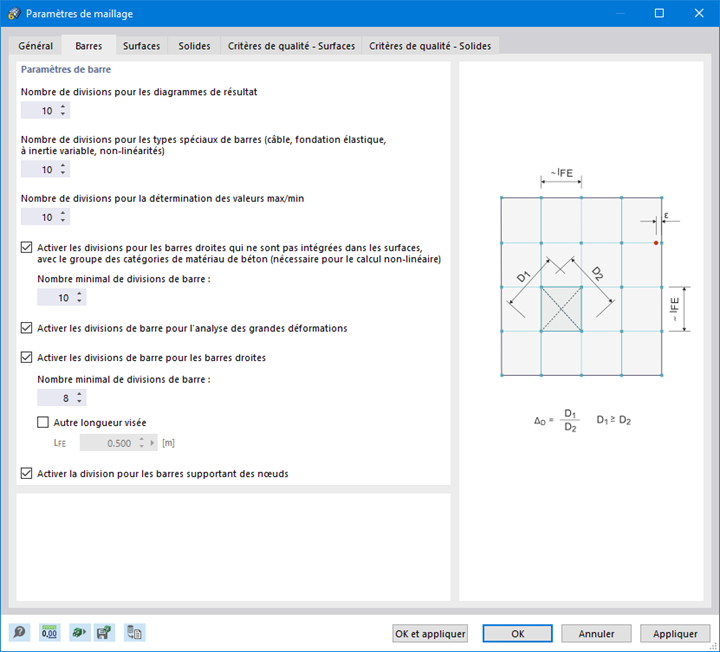 Boite de dialogue « Paramètres de maillage », onglet « Barres »