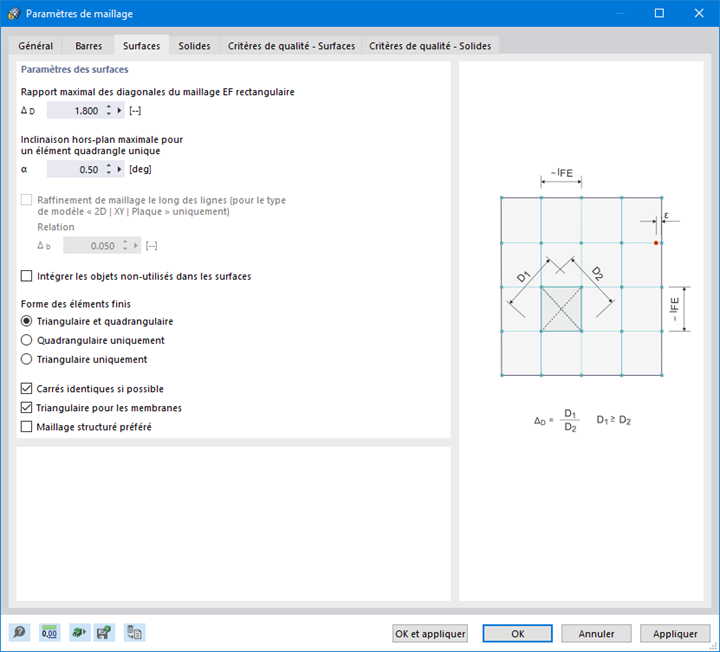 Boite de dialogue « Paramètres de maillage », onglet « Surfaces »