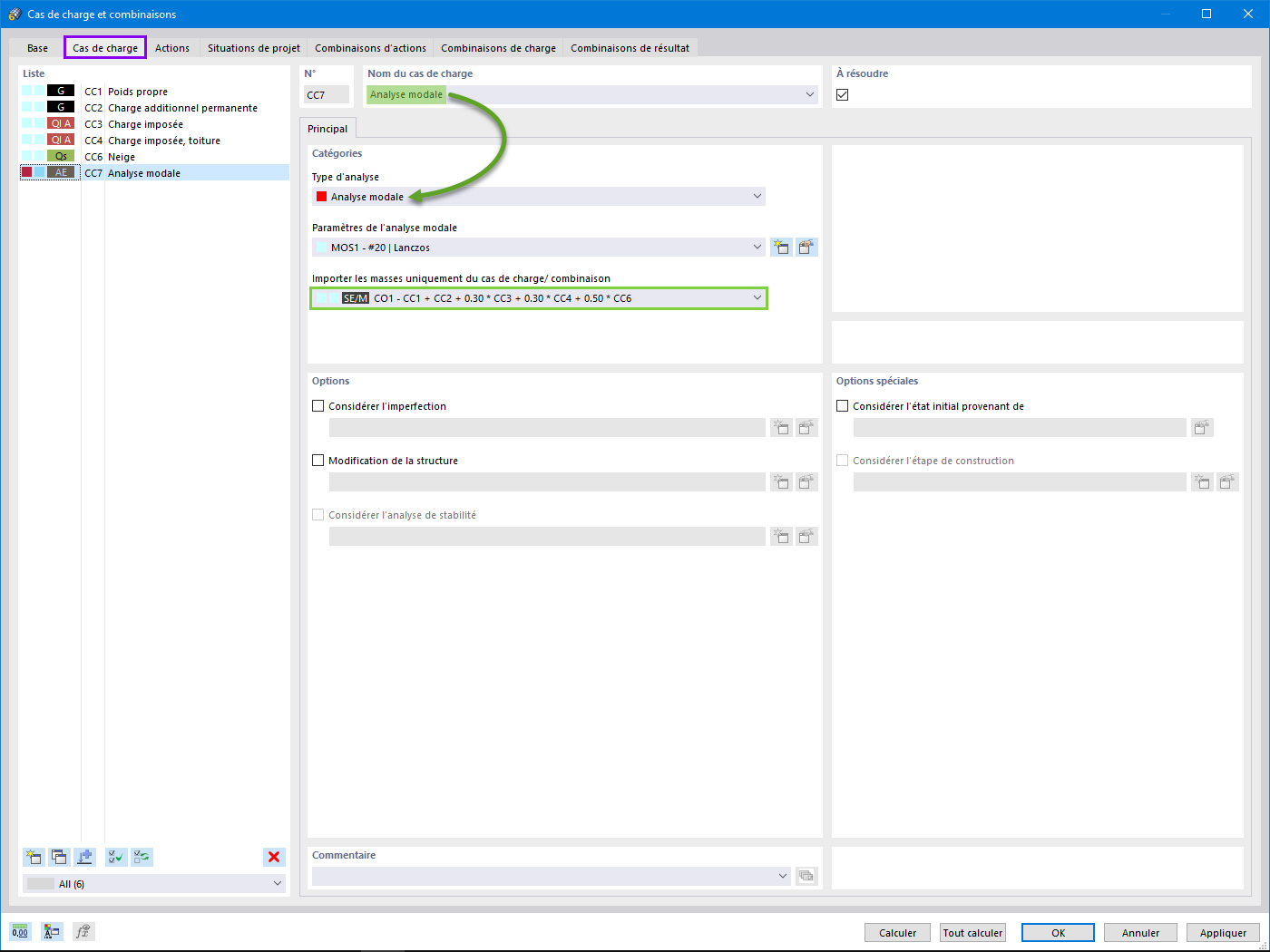 Analyse modale comme cas de charge