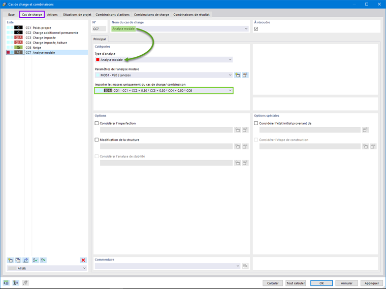 Analyse modale comme cas de charge
