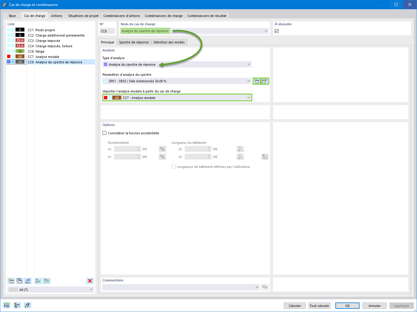 Analyse du spectre de réponse comme cas de charge