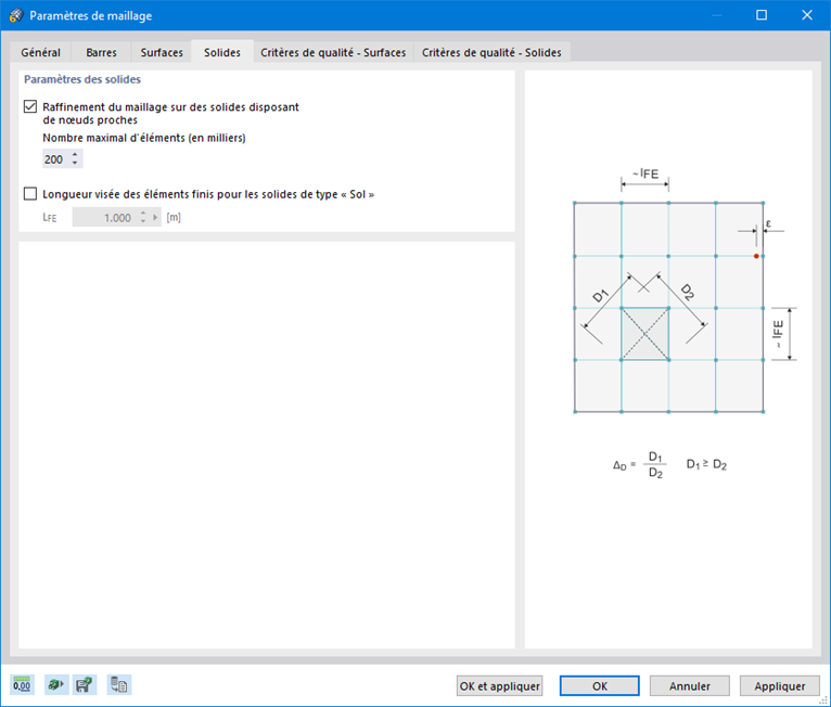 Boite de dialogue « Paramètres du maillage », onglet « Solides »
