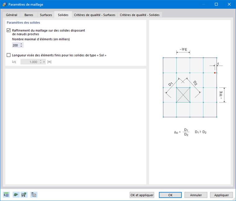 Boite de dialogue « Paramètres du maillage », onglet « Solides »