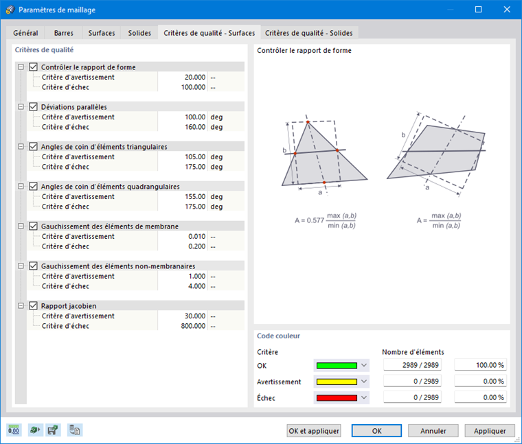 Boîte de dialogue « Paramètres de maillage », onglet« Critères de qualité - Surfaces »