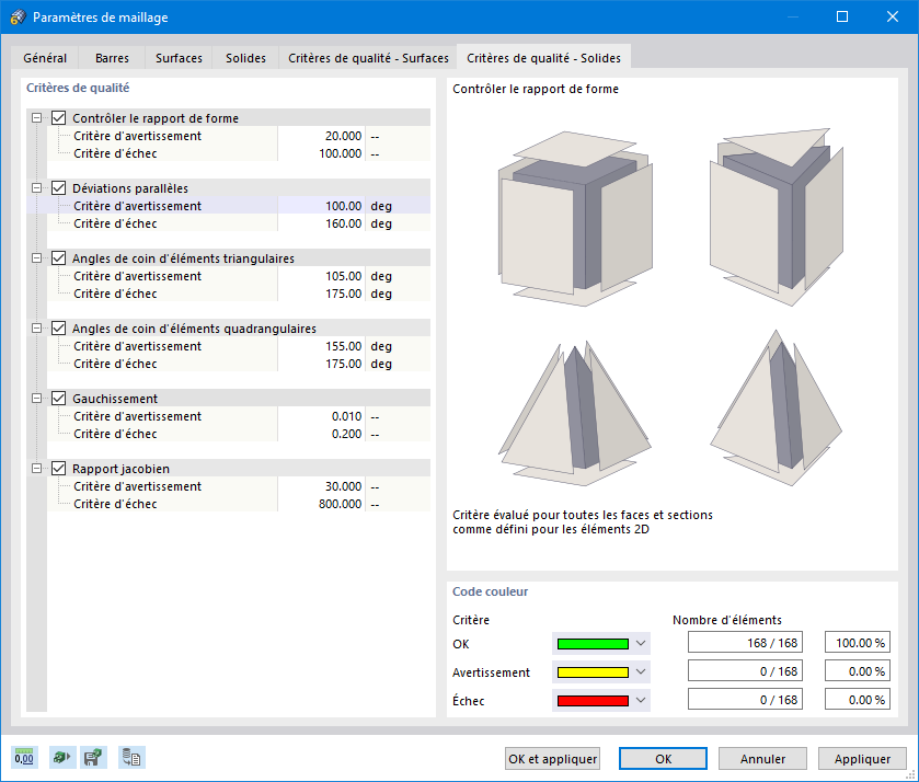 Boîte de dialogue « Paramètres de maillage », onglet « Critères de qualité - Solides »
