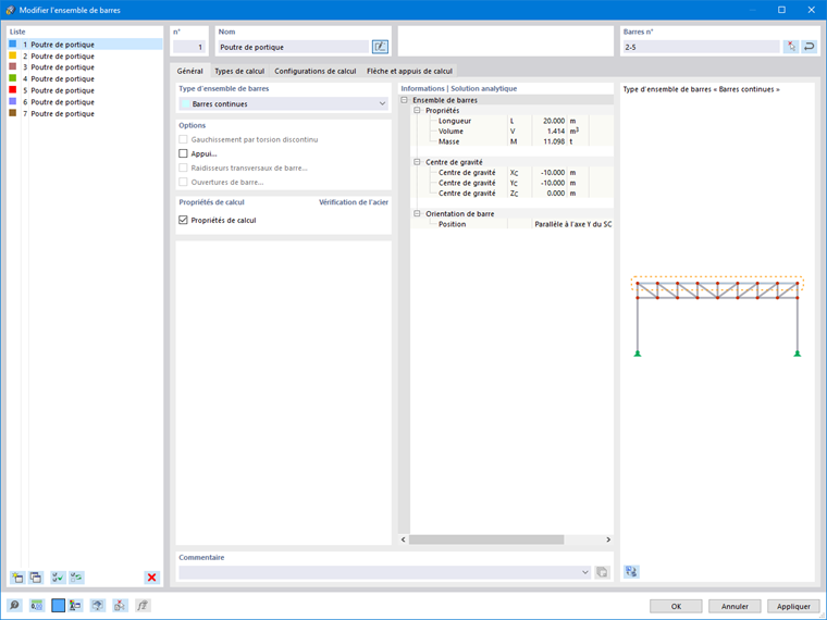 Boîte de dialogue « Modifier l’ensemble de barres », propriétés de calcul activées pour la vérification de l’acier