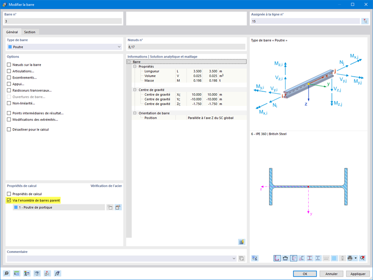 Boîte de dialogue « Modifier la barre », Vérification de l’acier via l’ensemble de barres parent