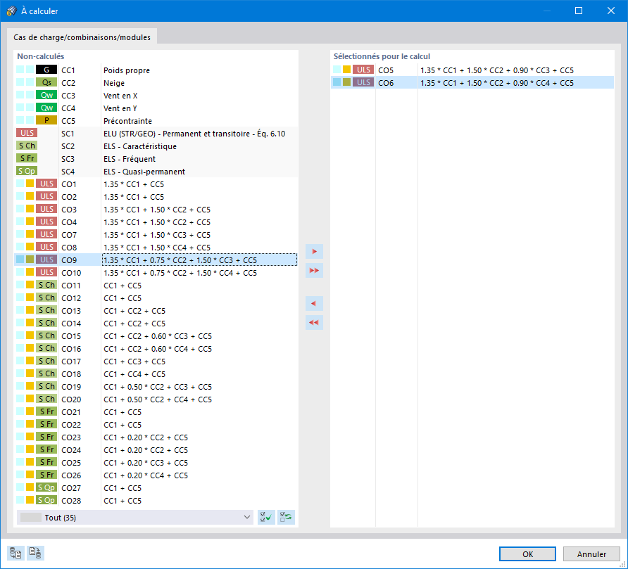 Sélectionner des combinaisons de charge pour le calcul