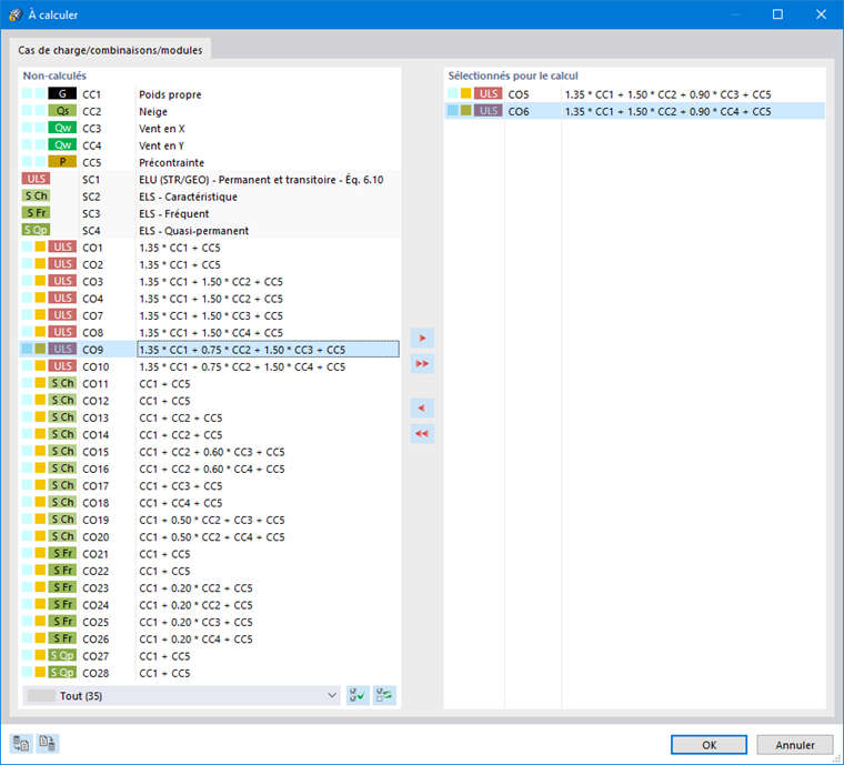 Sélectionner des combinaisons de charge pour le calcul