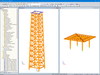 Modèle de la tour (à gauche) et plate-forme (à droite) dans RFEM (© ingwh)