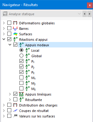 Sélection des résultats des appuis nodaux dans le navigateur