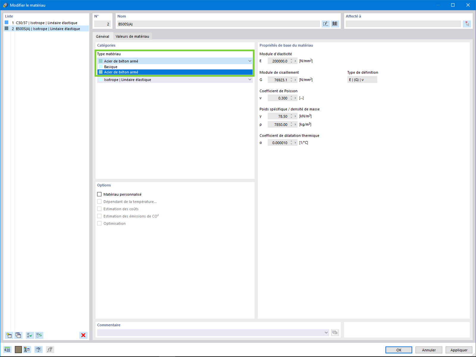 Contrôle du type de matériau