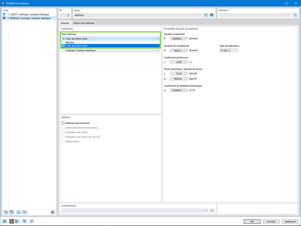 Contrôle du type de matériau