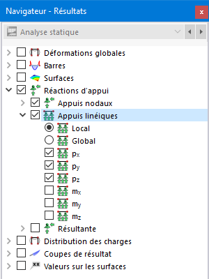 Sélection des résultats des appuis linéiques dans le navigateur