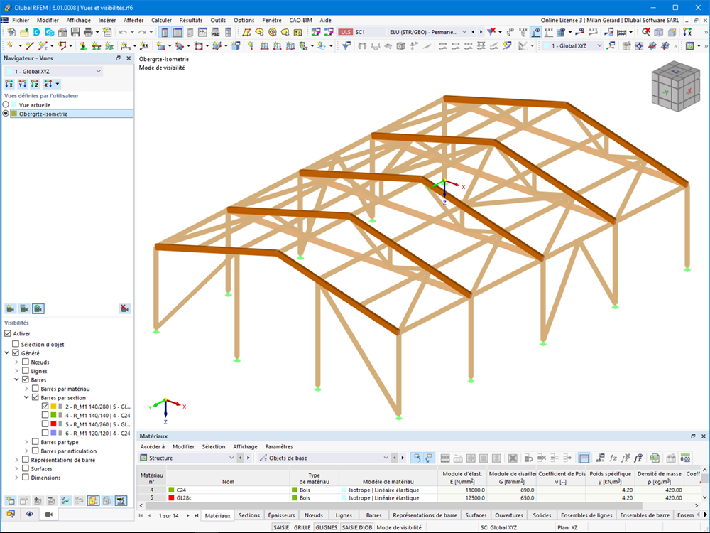 Interface graphique de RFEM affichant le modèle de la halle | Création facile de vues et de visibilités