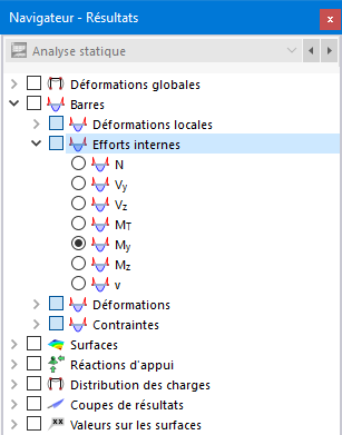 Sélection des efforts internes de barre dans le navigateur