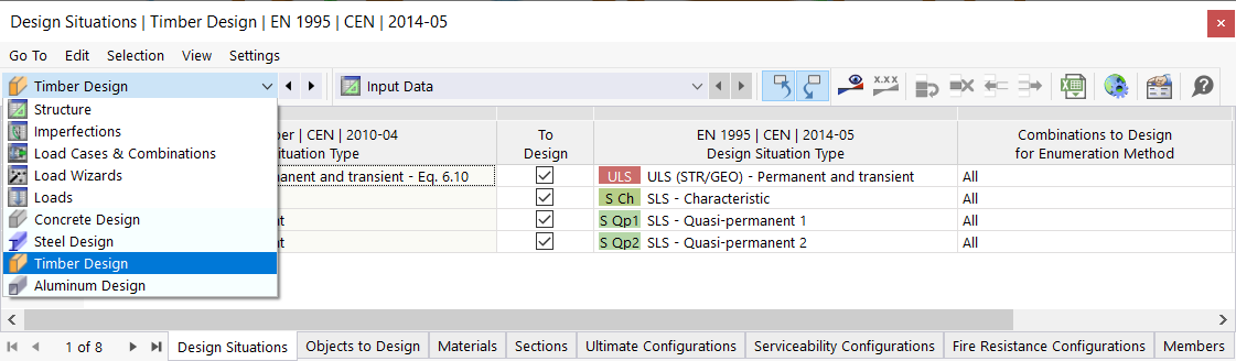 Tableau et sélection de la Vérification du bois - Données d'entrée