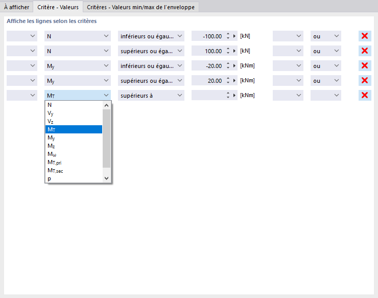 Définition des critères pour les valeurs du tableau