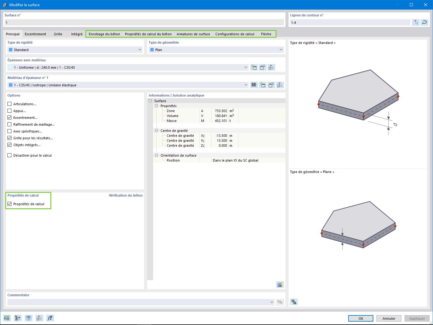 Propriétés de calcul de la dalle