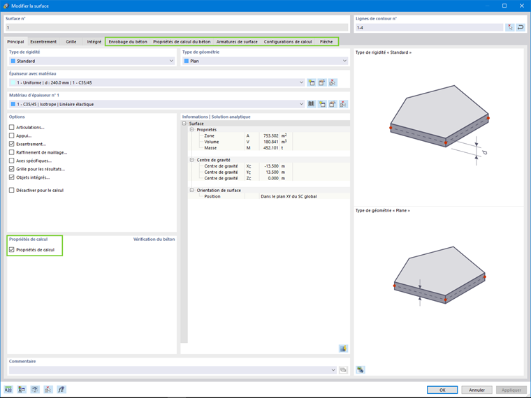 Propriétés de calcul de la dalle